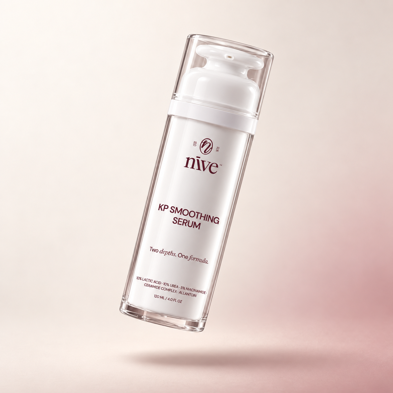 NĪVE KP Smoothing Serum bottle on a soft blush background